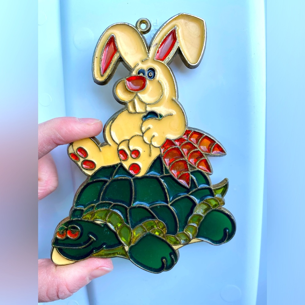 Vintage Rafaelian Bunny Riding Turtle Window Suncatcher Decoration